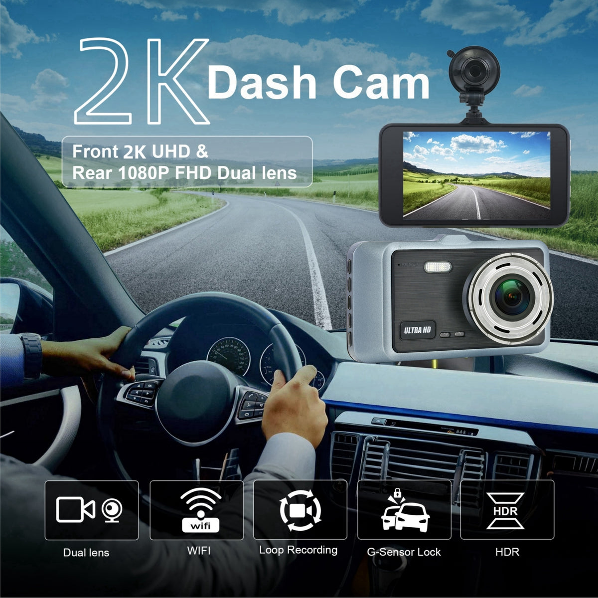 2K Touchscreen WiFi Car Video Recorder, 170° Ultra Wide-Angle 2.0 Aperture Camera Lens, Built-In WIFI Connected with App, Super Night Vision, HDR Image Enhancement, Motion Detection Function, Built-In Gravity Sensor, Supports 24-Hour Parking Surveillance