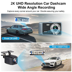 2K Touchscreen WiFi Car Video Recorder, 170° Ultra Wide-Angle 2.0 Aperture Camera Lens, Built-In WIFI Connected with App, Super Night Vision, HDR Image Enhancement, Motion Detection Function, Built-In Gravity Sensor, Supports 24-Hour Parking Surveillance