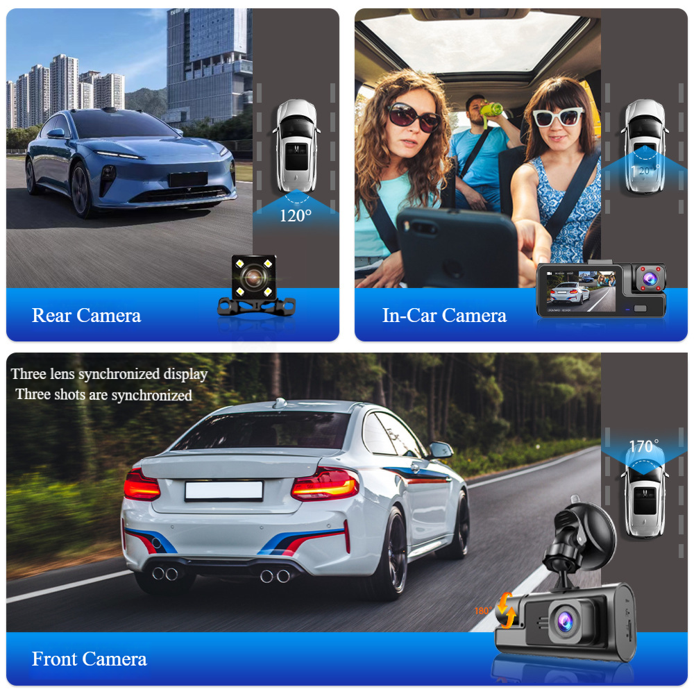 Triple Camera Dashcam, Three Camera Simultaneous Display, 170° Ultra Wide Angle, Full HD IPS Screen, Built-In WIFI Interconnect with App, Audio-Video Loop Recording, Ultra-Clear Night Vision, Support 24 Hours Parking Monitor and Moving Objects Detection