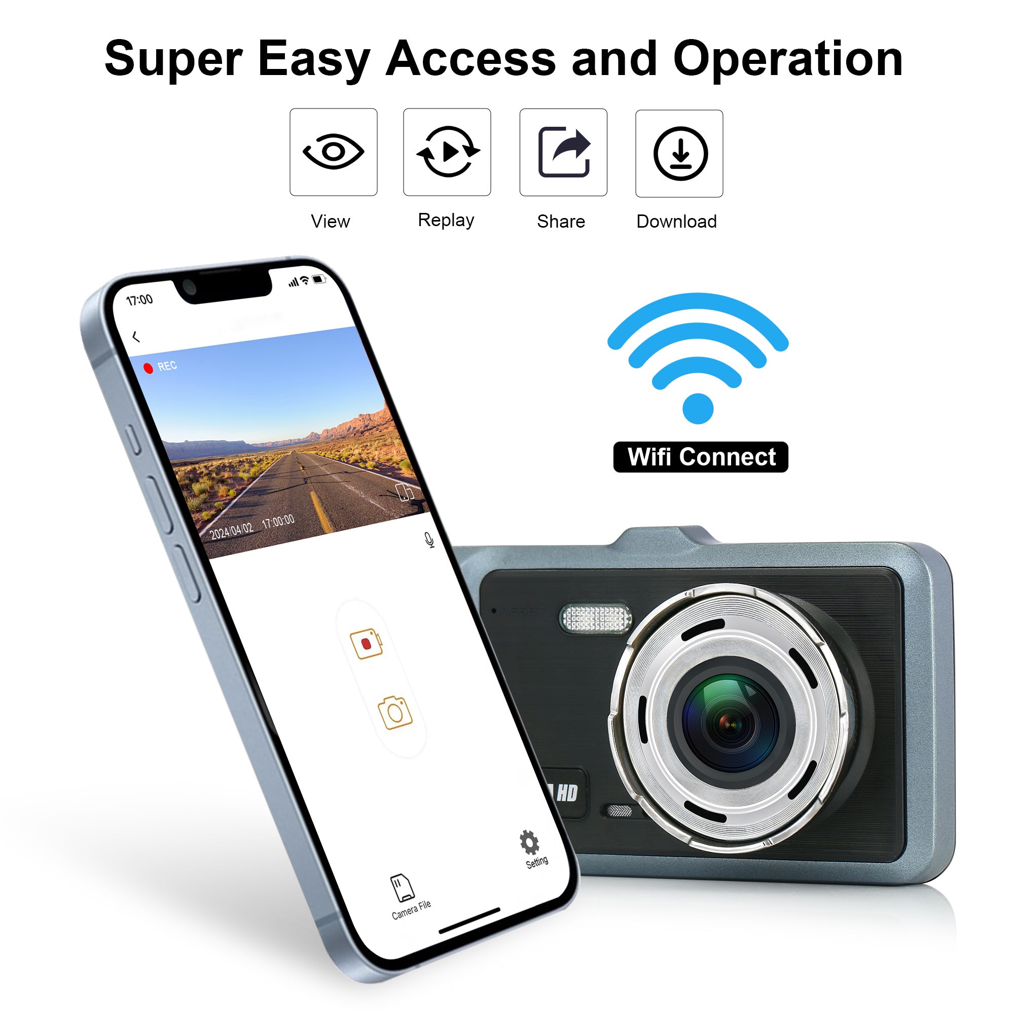 2K Touchscreen WiFi Car Video Recorder, 170° Ultra Wide-Angle 2.0 Aperture Camera Lens, Built-In WIFI Connected with App, Super Night Vision, HDR Image Enhancement, Motion Detection Function, Built-In Gravity Sensor, Supports 24-Hour Parking Surveillance