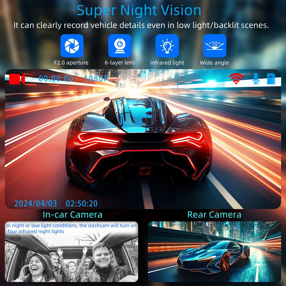 Triple Camera Dashcam, Three Camera Simultaneous Display, 170° Ultra Wide Angle, Full HD IPS Screen, Built-In WIFI Interconnect with App, Audio-Video Loop Recording, Ultra-Clear Night Vision, Support 24 Hours Parking Monitor and Moving Objects Detection